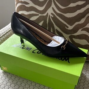 Sam Edelman KAYA Black Pointed Toe Kitten Heel Pumps with Gold Accent